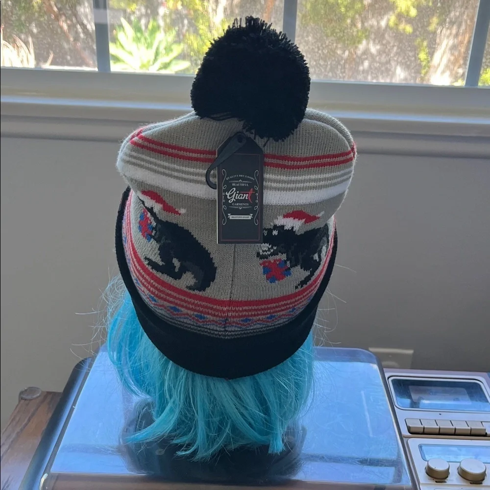 Black and White Beanie with Dinosaur Design